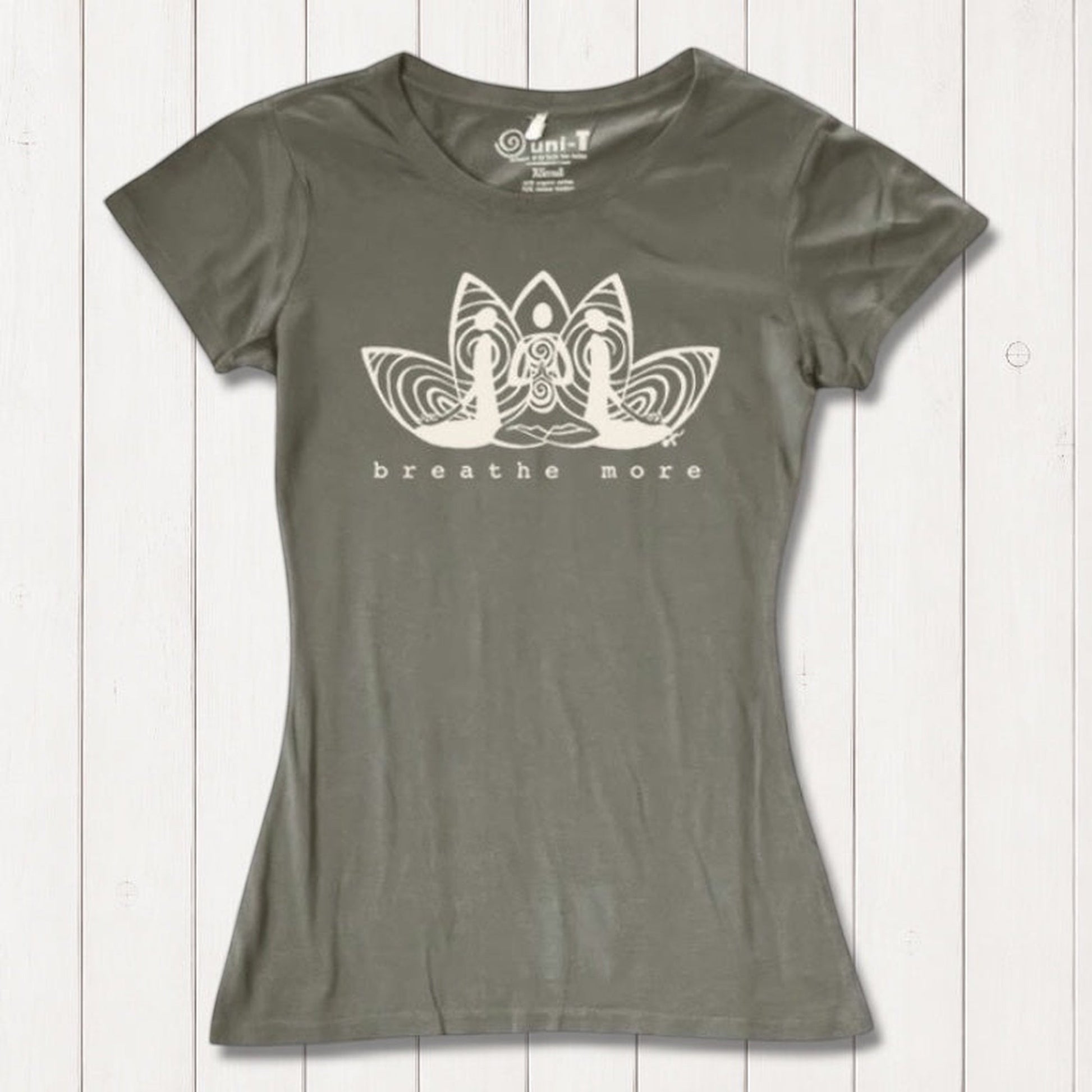 Olive green Women's Yoga T-Shirt in Bamboo & Organic Cotton with 'Breathe More' lotus print, sustainable top for meditation and yoga sessions.