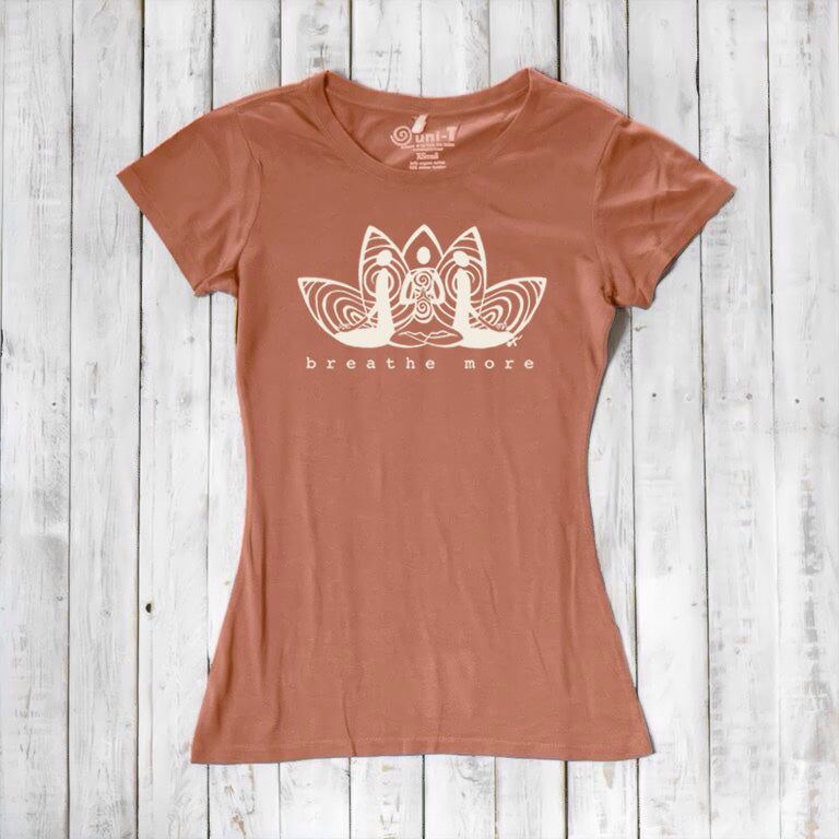 Rust-colored Women's Yoga T-Shirt in Bamboo & Organic Cotton with 'Breathe More' lotus design, eco-friendly mindfulness apparel by Uni-T.