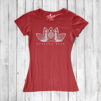 Red Women's Yoga T-Shirt in Bamboo & Organic Cotton with 'Breathe More' lotus graphic, inspirational and breathable top for fitness and wellness.