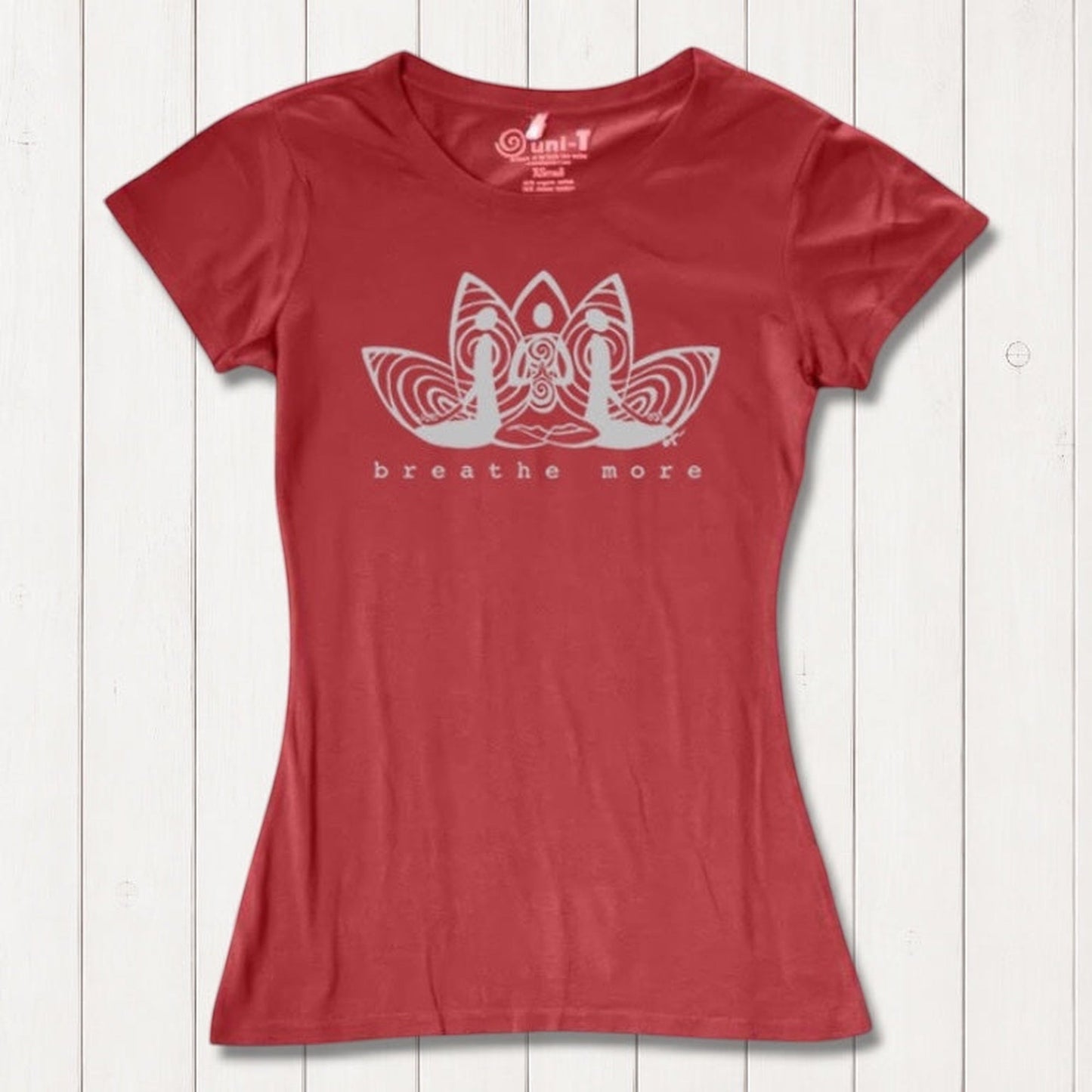 Red Women's Yoga T-Shirt in Bamboo & Organic Cotton with 'Breathe More' lotus graphic, inspirational and breathable top for fitness and wellness.