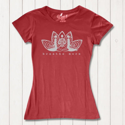 Red Women's Yoga T-Shirt in Bamboo & Organic Cotton with 'Breathe More' lotus graphic, inspirational and breathable top for fitness and wellness.
