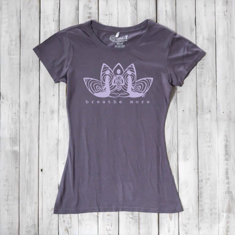 Purple Women's Yoga T-Shirt in Bamboo & Organic Cotton with 'Breathe More' lotus design, soft and sustainable for meditation and yoga lovers.