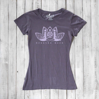 Purple Women's Yoga T-Shirt in Bamboo & Organic Cotton with 'Breathe More' lotus design, soft and sustainable for meditation and yoga lovers.