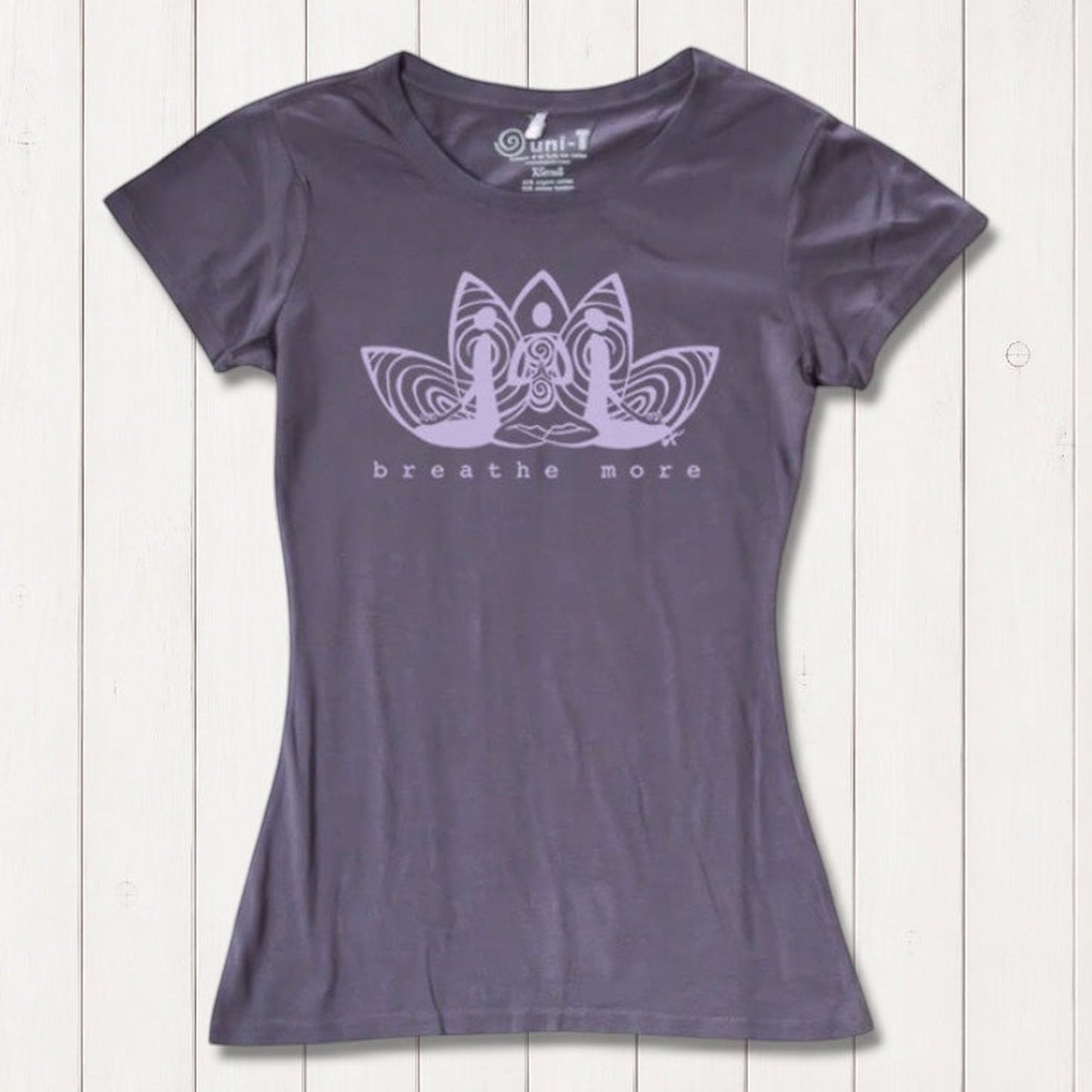 Purple Women's Yoga T-Shirt in Bamboo & Organic Cotton with 'Breathe More' lotus design, soft and sustainable for meditation and yoga lovers.