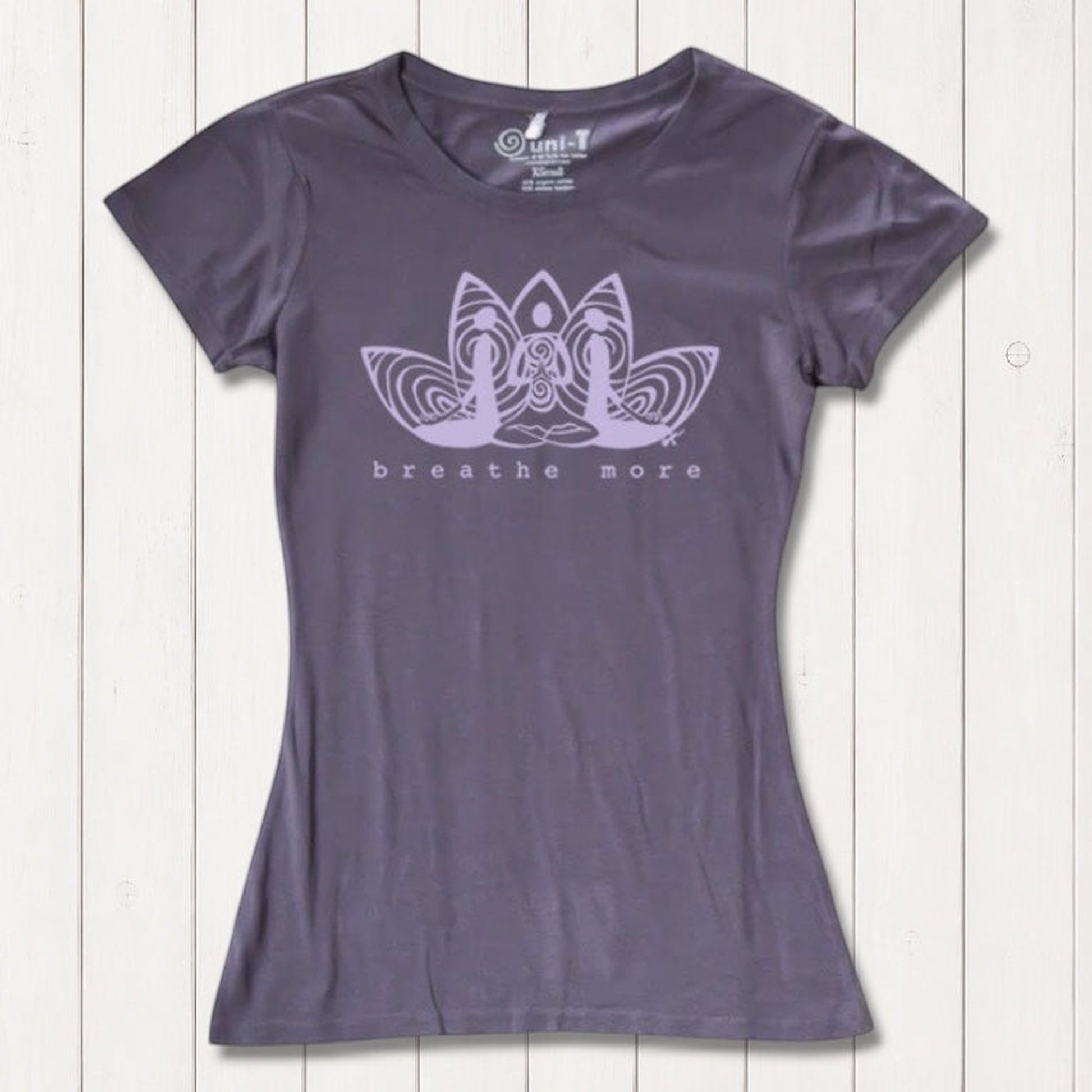 Purple Women's Yoga T-Shirt in Bamboo & Organic Cotton with 'Breathe More' lotus design, soft and sustainable for meditation and yoga lovers.