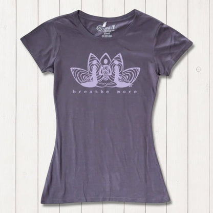Purple Women's Yoga T-Shirt in Bamboo & Organic Cotton with 'Breathe More' lotus design, soft and sustainable for meditation and yoga lovers.