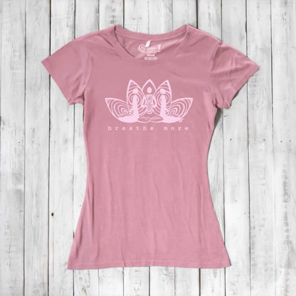 Pink Women's Yoga T-Shirt in Bamboo & Organic Cotton with 'Breathe More' lotus print, stylish and eco-conscious gift for yoga enthusiasts.