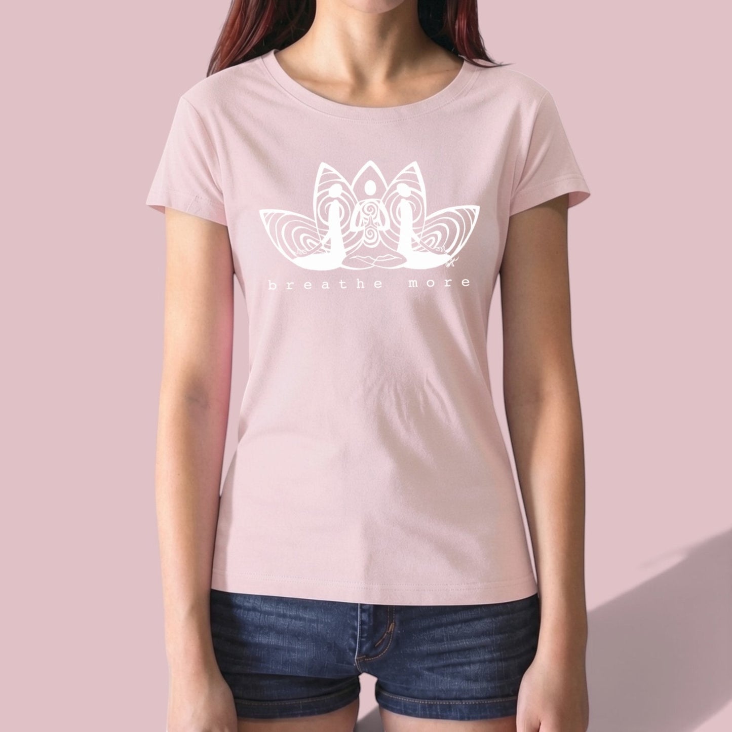 Pink Women's Yoga T-Shirt in Bamboo & Organic Cotton with 'Breathe More' lotus print, stylish and eco-conscious gift for yoga enthusiasts.