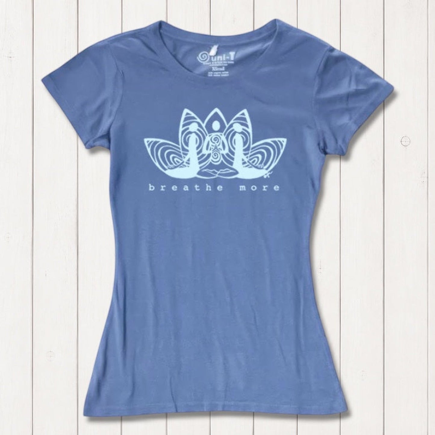 Blue Women's Yoga T-Shirt in Bamboo & Organic Cotton with 'Breathe More' lotus graphic, breathable and soft top for meditation and fitness.