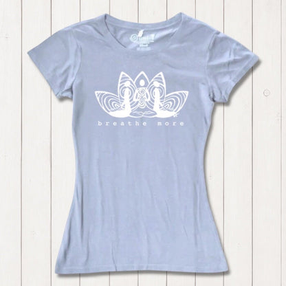 Light blue Women's Yoga T-Shirt in Bamboo & Organic Cotton with 'Breathe More' lotus design, sustainable and inspirational yoga apparel.