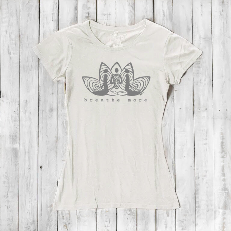Ivory Women's Yoga T-Shirt in Bamboo & Organic Cotton with 'Breathe More' lotus print, perfect for eco-conscious meditation and yoga wear.