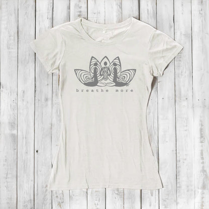 Ivory Women's Yoga T-Shirt in Bamboo & Organic Cotton with 'Breathe More' lotus print, perfect for eco-conscious meditation and yoga wear.