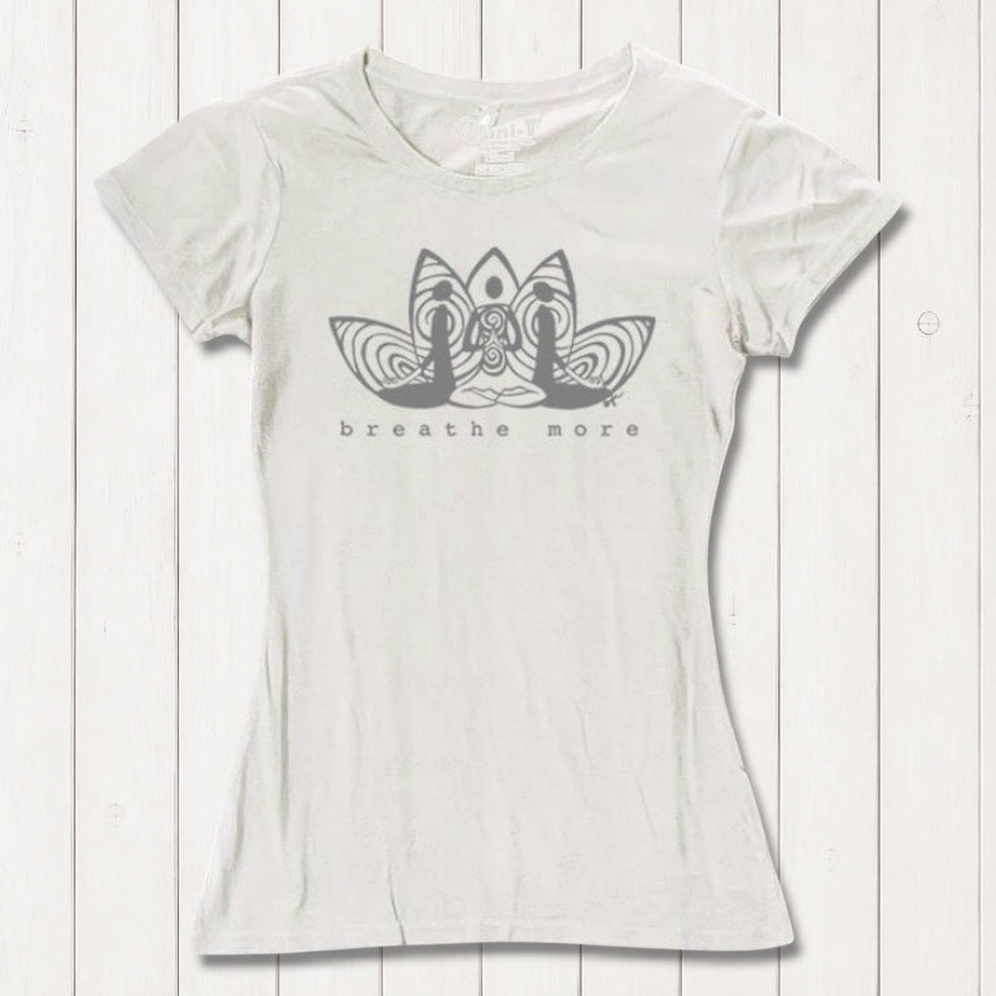 Ivory Women's Yoga T-Shirt in Bamboo & Organic Cotton with 'Breathe More' lotus print, perfect for eco-conscious meditation and yoga wear.