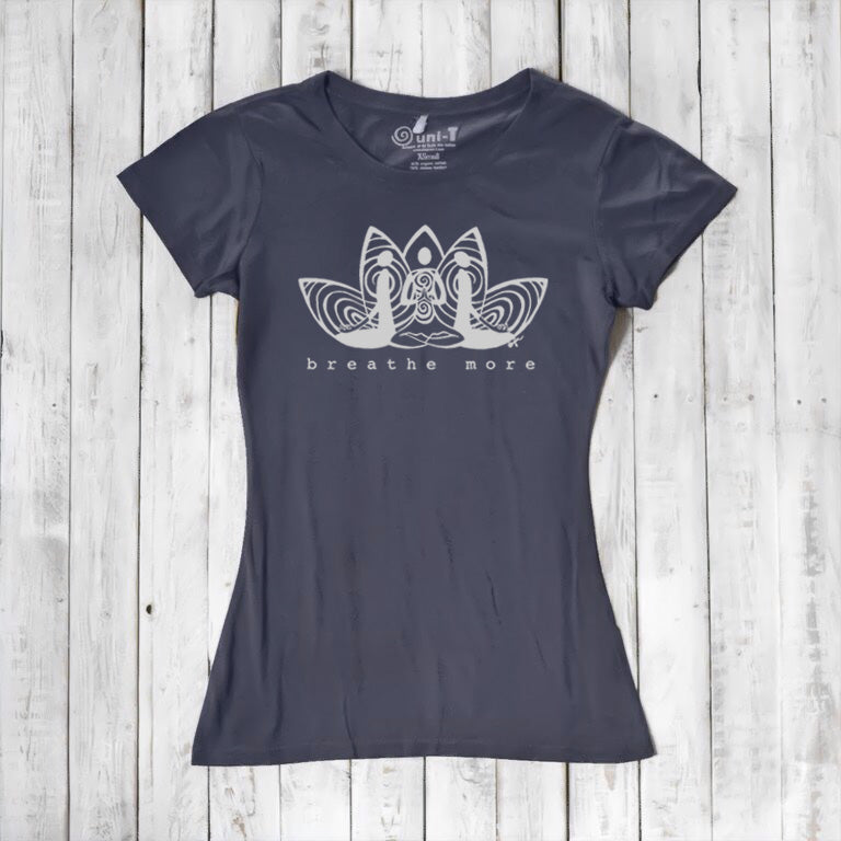 Navy Women's Yoga T-Shirt in Bamboo & Organic Cotton with 'Breathe More' lotus graphic, ideal for mindfulness, fitness, and sustainable fashion.