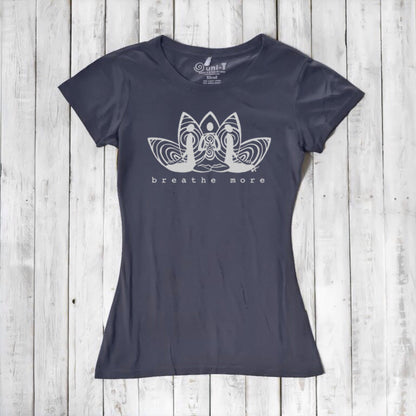 Navy Women's Yoga T-Shirt in Bamboo & Organic Cotton with 'Breathe More' lotus graphic, ideal for mindfulness, fitness, and sustainable fashion.