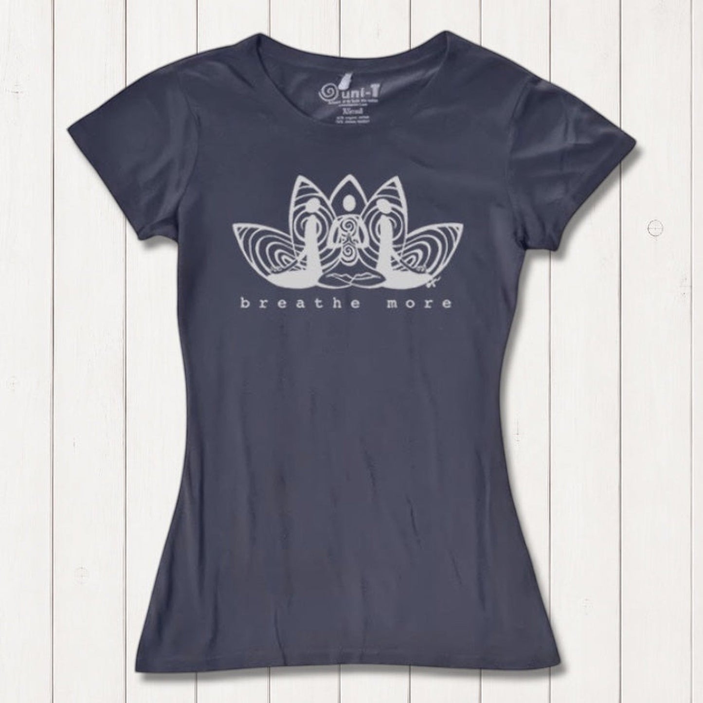 Navy Women's Yoga T-Shirt in Bamboo & Organic Cotton with 'Breathe More' lotus graphic, ideal for mindfulness, fitness, and sustainable fashion.