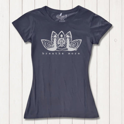 Navy Women's Yoga T-Shirt in Bamboo & Organic Cotton with 'Breathe More' lotus graphic, ideal for mindfulness, fitness, and sustainable fashion.