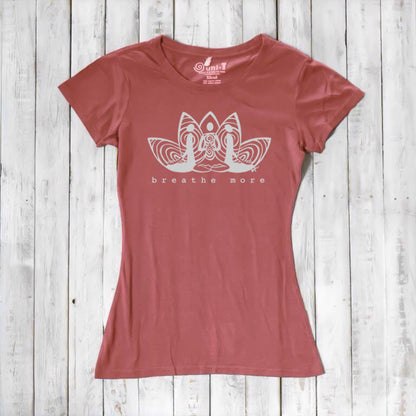 Terracotta Women's Yoga T-Shirt in Bamboo & Organic Cotton with 'Breathe More' lotus design, inspirational and eco-friendly yoga gift idea.