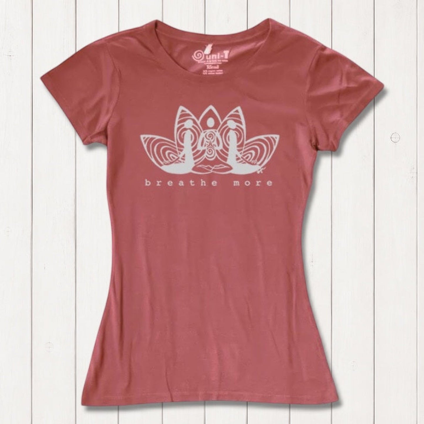 Terracotta Women's Yoga T-Shirt in Bamboo & Organic Cotton with 'Breathe More' lotus design, inspirational and eco-friendly yoga gift idea.