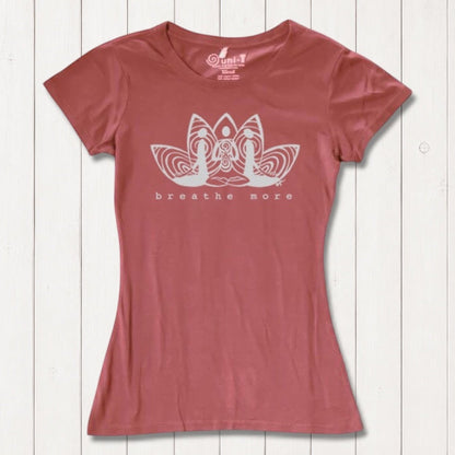 Terracotta Women's Yoga T-Shirt in Bamboo & Organic Cotton with 'Breathe More' lotus design, inspirational and eco-friendly yoga gift idea.