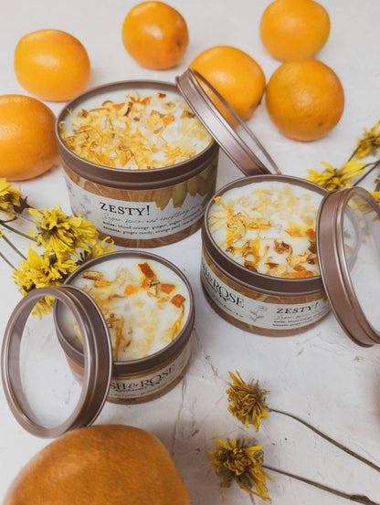 Zesty Orange Ginger Marigold Soy Tin Candle Handmade Gift Ash & Rose