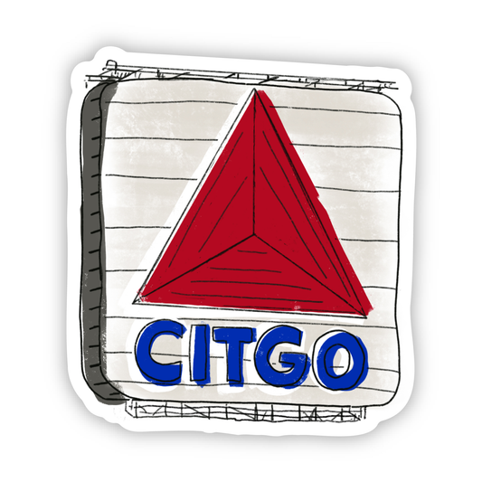Sticker Fenway Citgo Sign Decor by Copper & Print features a hand-drawn illustration with the iconic red triangle above bold blue CITGO letters on a white striped background—perfect as a waterproof vinyl Boston sticker for fans.