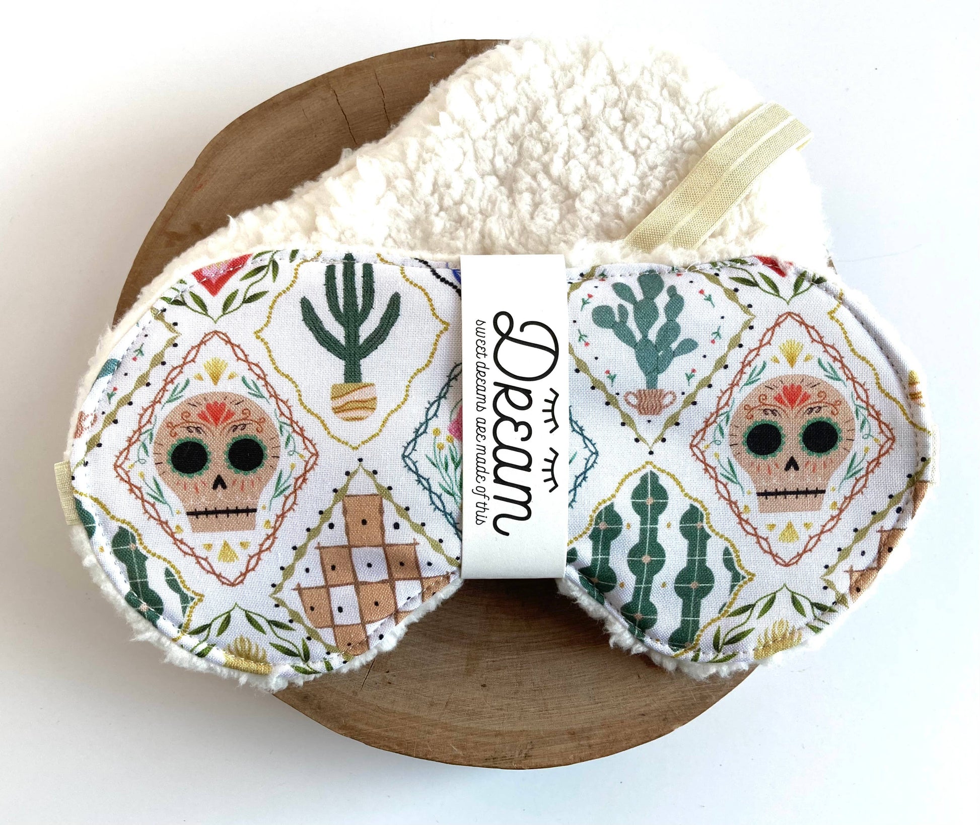 Sweet Dreams Sleep Mask - Frida White Print featuring colorful sugar skulls and cacti on soft cotton with plush minky backing, ideal for restful sleep.