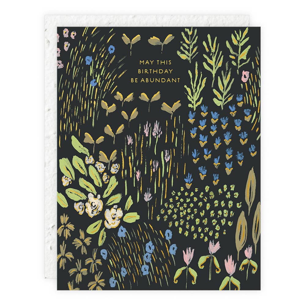 Abundance Birthday Card - Plantable with wildflower seed paper and foil details, featuring floral illustrations and 'May This Birthday Be Abundant' text.