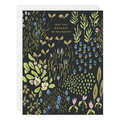 Abundance Birthday Card - Plantable with wildflower seed paper and foil details, featuring floral illustrations and 'May This Birthday Be Abundant' text.