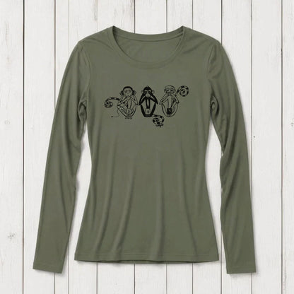 Olive green long sleeve women's T-shirt with black graphic of three wise monkeys covering eyes, ears, and mouth, made from bamboo and organic cotton.