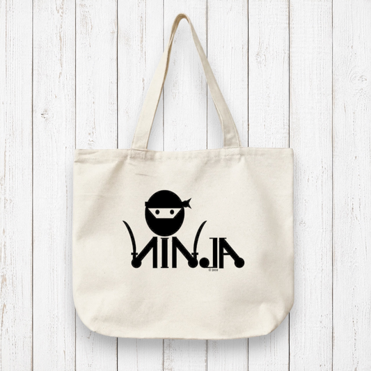 Uni-T organic cotton canvas tote bag featuring a black ninja graphic with swords on a natural beige background