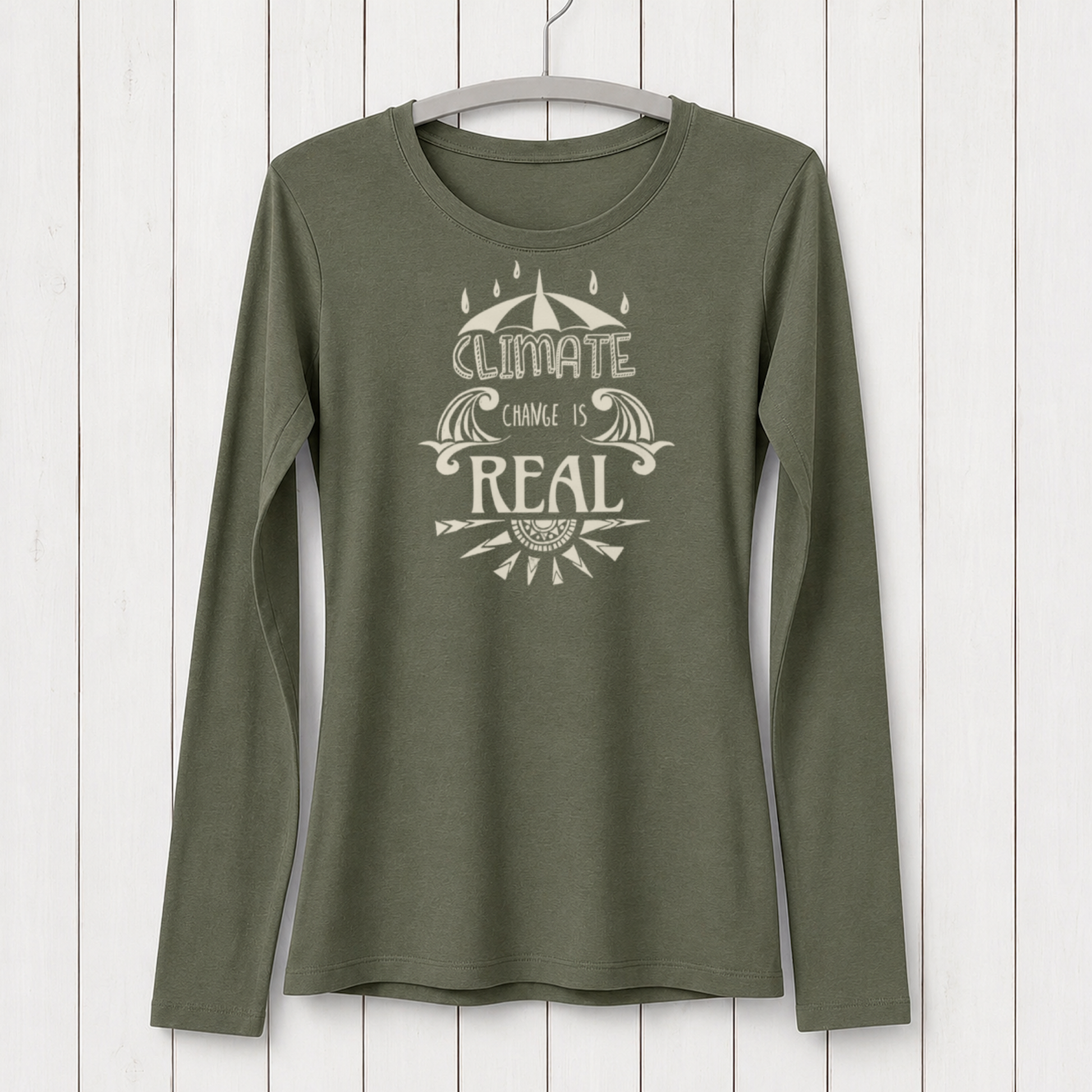 Olive green women's long sleeve T-shirt with eco-conscious graphic design promoting climate change awareness, made from bamboo and organic cotton, SKU: WLSXSNAV