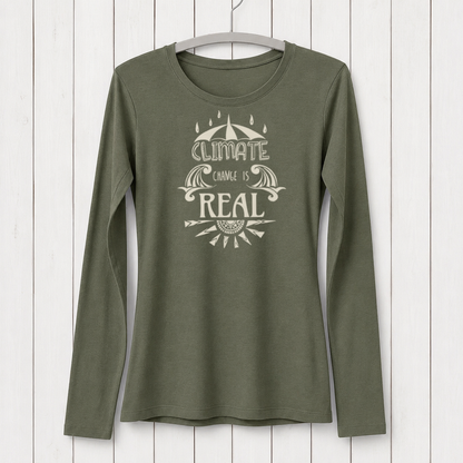 Olive green women's long sleeve T-shirt with eco-conscious graphic design promoting climate change awareness, made from bamboo and organic cotton, SKU: WLSXSNAV