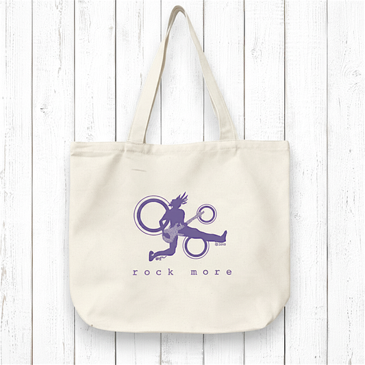 Uni-T organic cotton canvas tote bag featuring a purple guitar player graphic and the text rock more