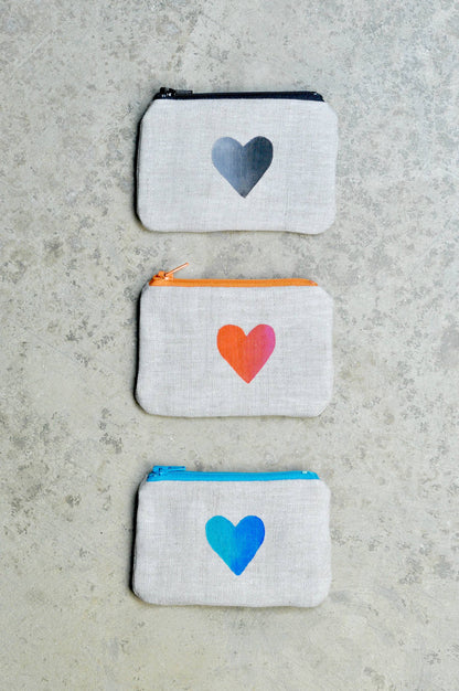 Two-tone Heart Blockprint Linen Coin Purse Gray Green Goods