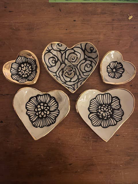 Handmade Heart-Shaped Floral & Gold Catchall Jewelry Dish Hsieh Clay SF