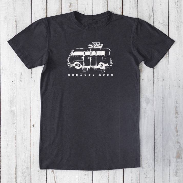 Black men's bamboo & organic cotton T-shirt with white retro van and 'Explore More' graphic, a classic fit tee for travel enthusiasts.