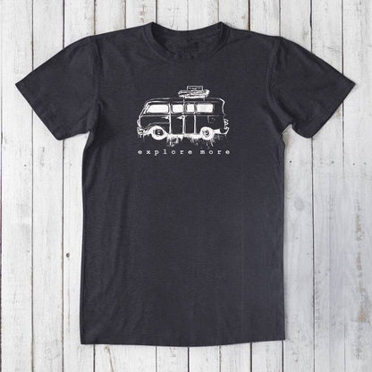 Black men's bamboo & organic cotton T-shirt with white retro van and 'Explore More' graphic, a classic fit tee for travel enthusiasts.