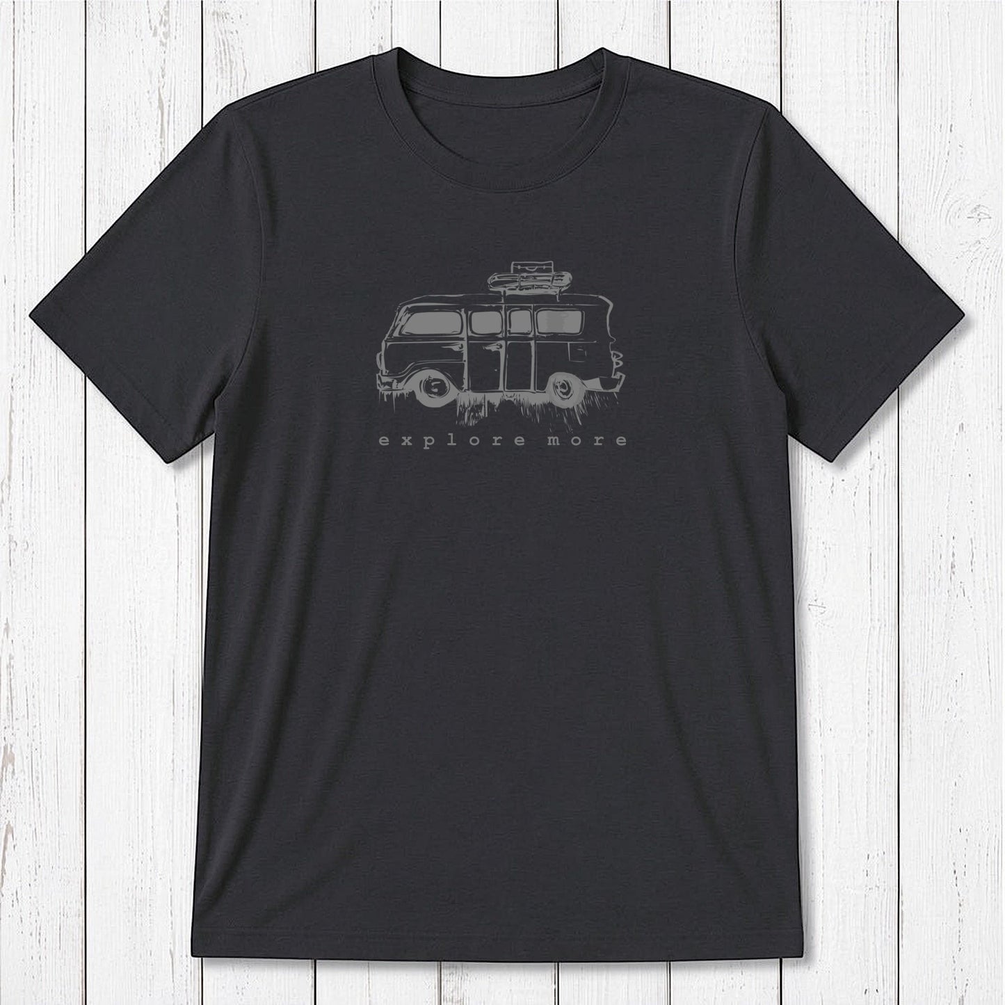 Black men's bamboo & organic cotton T-shirt with white retro van and 'Explore More' graphic, a classic fit tee for travel enthusiasts.