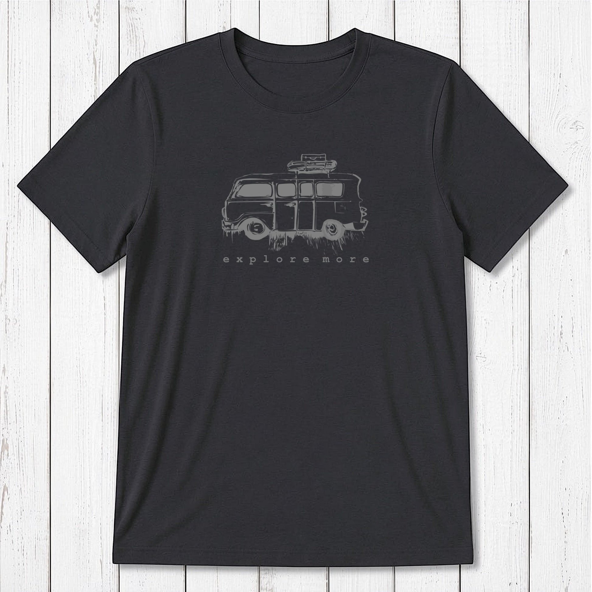 Black men's bamboo & organic cotton T-shirt with white retro van and 'Explore More' graphic, a classic fit tee for travel enthusiasts.