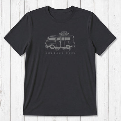 Black men's bamboo & organic cotton T-shirt with white retro van and 'Explore More' graphic, a classic fit tee for travel enthusiasts.