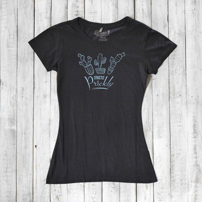 Black cactus t-shirt for women with blue 'Strictly Prickly' graphic. Organic cotton and bamboo fabric for sustainable everyday fashion.