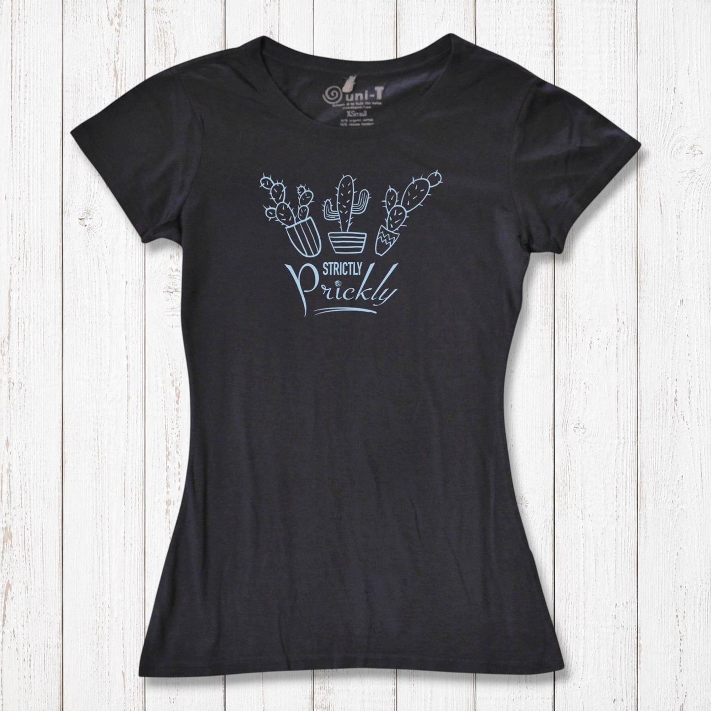 Black cactus t-shirt for women with blue 'Strictly Prickly' graphic. Organic cotton and bamboo fabric for sustainable everyday fashion.