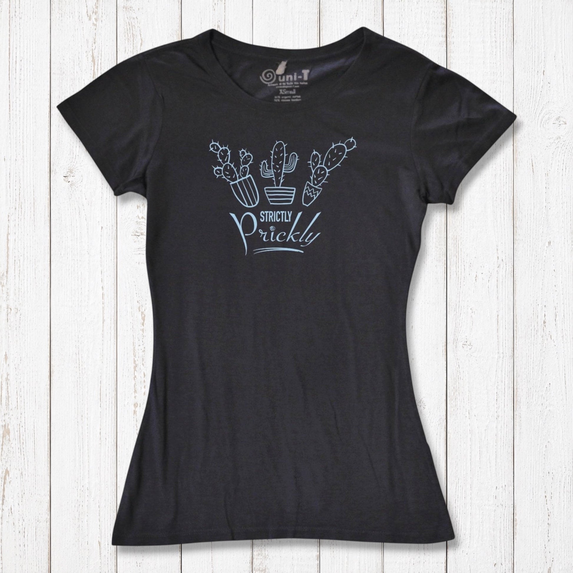 Black cactus t-shirt for women with blue 'Strictly Prickly' graphic. Organic cotton and bamboo fabric for sustainable everyday fashion.