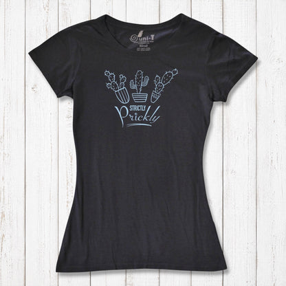 Black cactus t-shirt for women with blue 'Strictly Prickly' graphic. Organic cotton and bamboo fabric for sustainable everyday fashion.