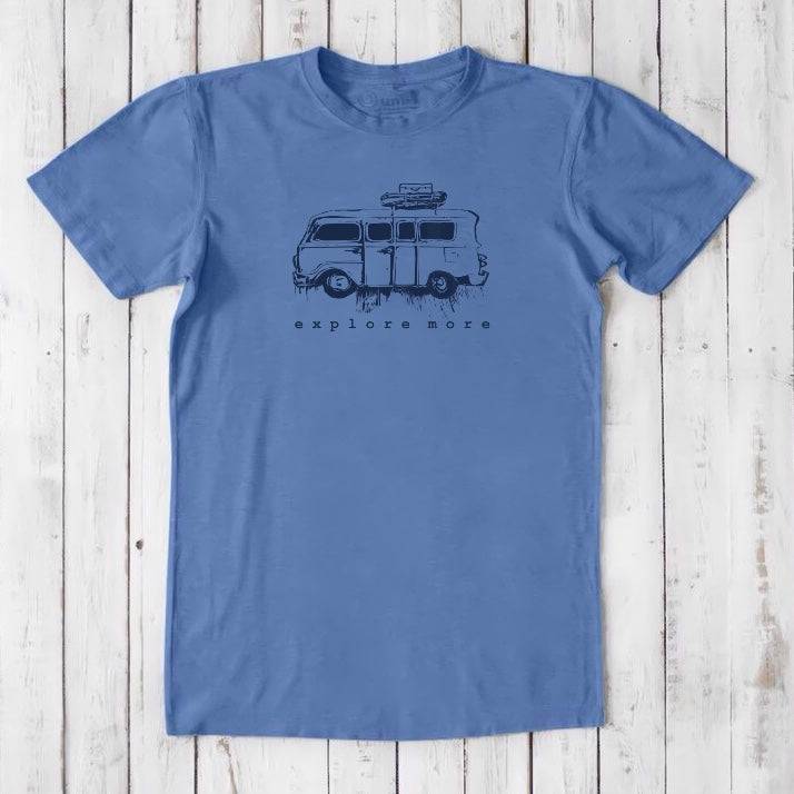 Blue men's bamboo & organic cotton T-shirt with dark navy retro van and 'Explore More' print, ideal for vintage-style outdoor apparel.