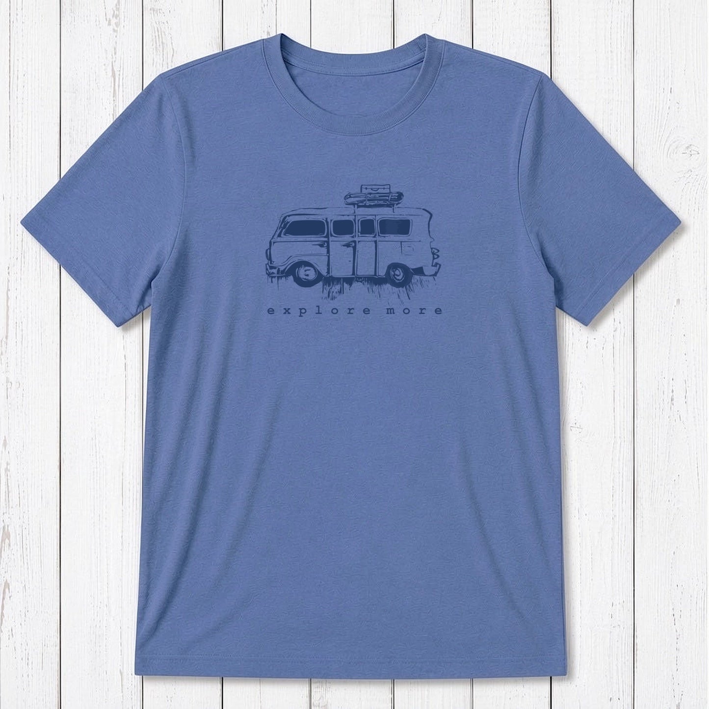 Blue men's bamboo & organic cotton T-shirt with dark navy retro van and 'Explore More' print, ideal for vintage-style outdoor apparel.