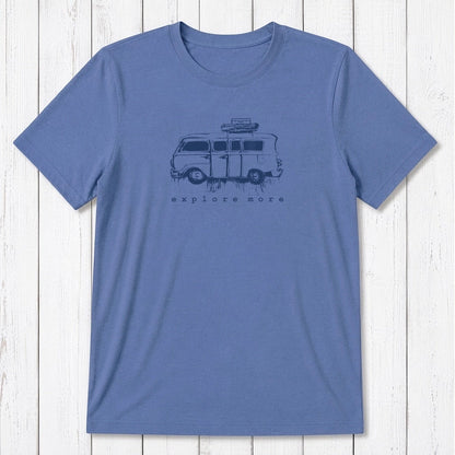 Blue men's bamboo & organic cotton T-shirt with dark navy retro van and 'Explore More' print, ideal for vintage-style outdoor apparel.