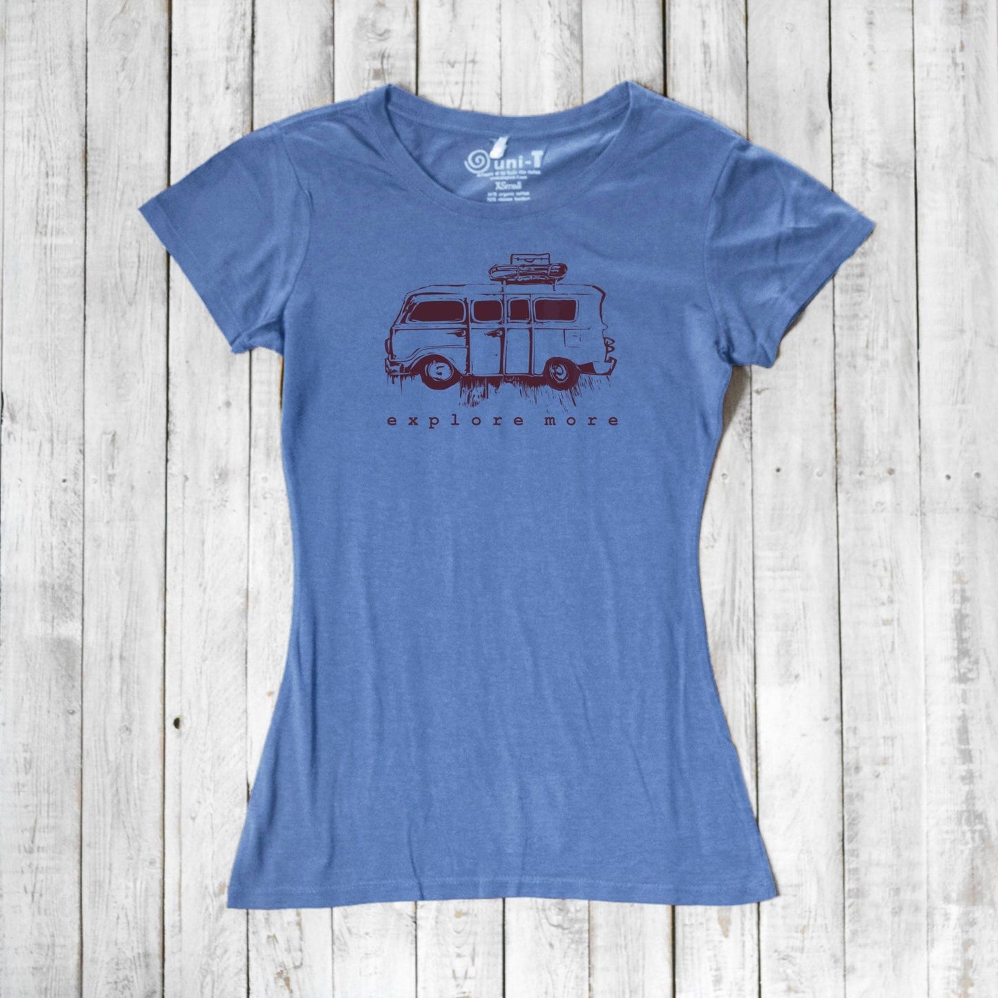 Blue bamboo and organic cotton Retro Van T-Shirt for Women with vintage van and 'Explore More' adventure-themed print.