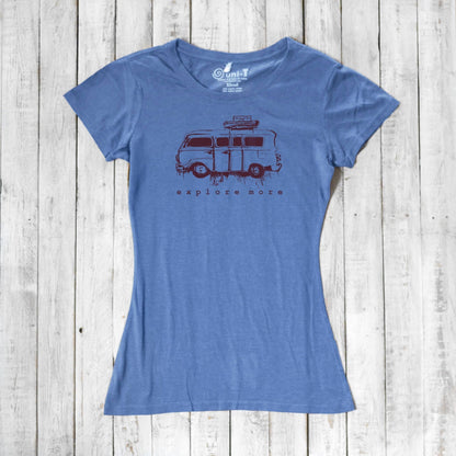 Blue bamboo and organic cotton Retro Van T-Shirt for Women with vintage van and 'Explore More' adventure-themed print.